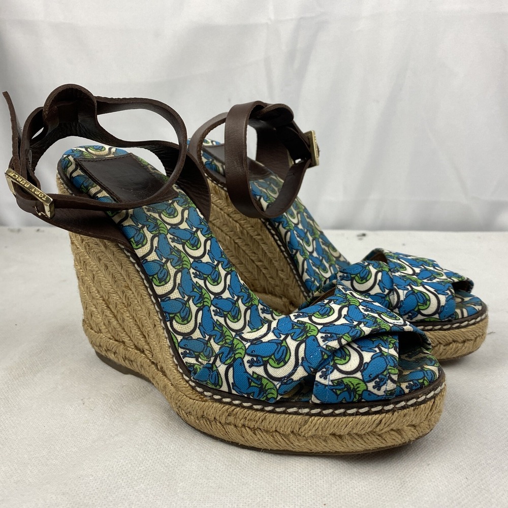 Tory Burch Frog Lilly Pad Graphic Print Espadrille Rope Wedges Size 6 - Picture 3 of 11